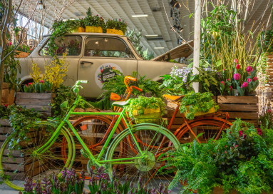 A bicycle, a car and many flowers can be seen. They are part of the special concept of the flower hall, which changes every year.