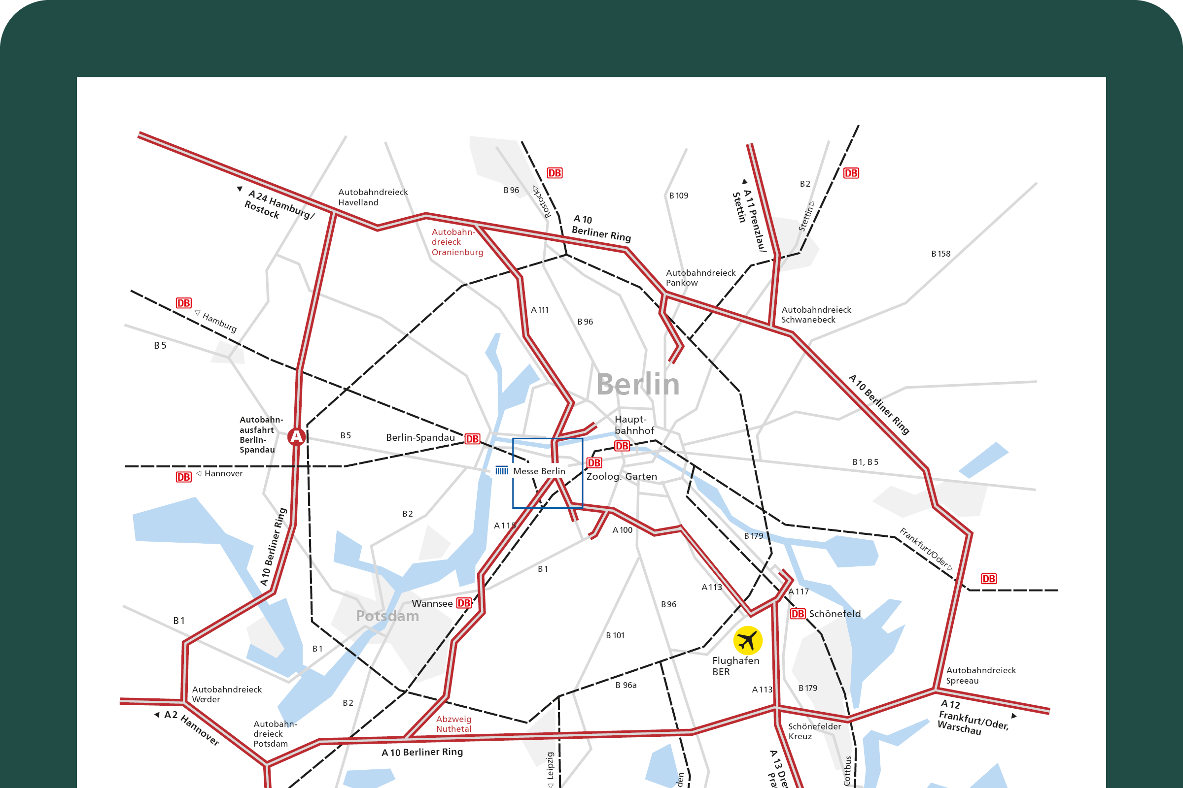 Zu sehen ist eine Karte von Berlin und Umland mit eingezeichneten Autobahnen.