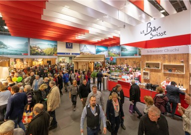A view of the Swiss exhibition stand over which many visitors walk.